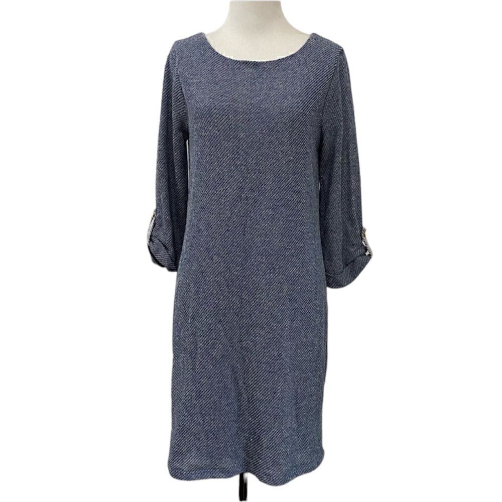 Miami Textured Knit Mini Shift Dress 3/4 Sleeves Blue Cream